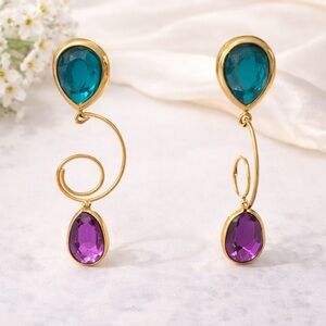 Gold Spiral Drop Earrings Teal & Purple Gemstones – Pierced Statement Earrings